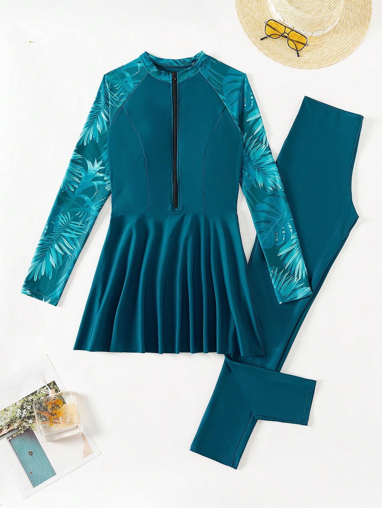 Swim Mulvari Women Summer Beach Contrast Plant Print Long Sleeve Top and Solid Pants Burkini Set Burkini Setteal Blue Dressarabic Clothing