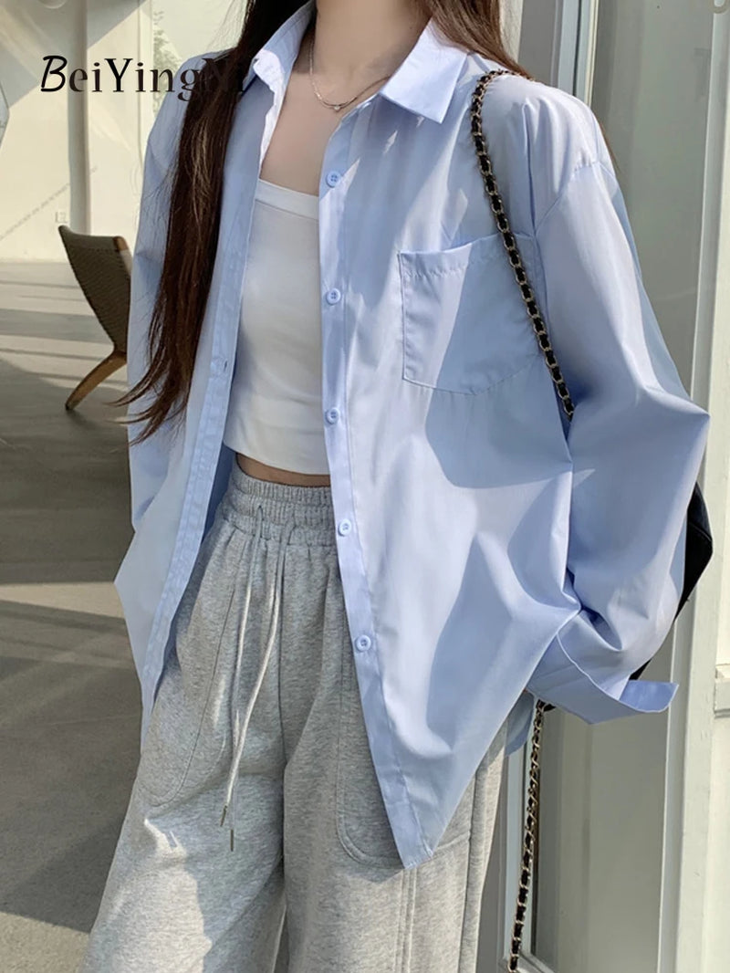 2025 Spring Autumn Women Shirts White Plain Loose Oversized Blouses Female Tops Loose BF Korean Style Blusas Pockets