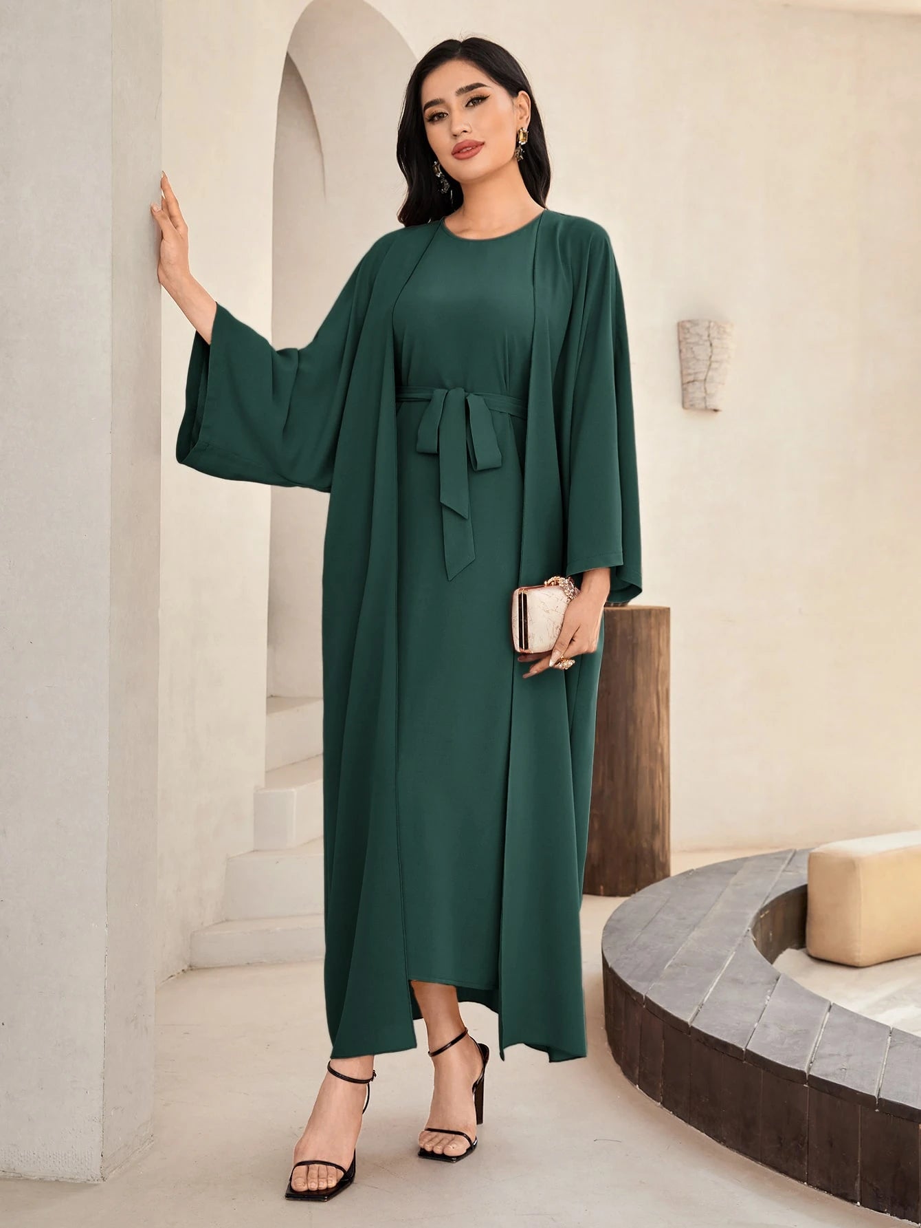 Al Najma Solid Color Bell Sleeve Abaya Dress with Waist Belt