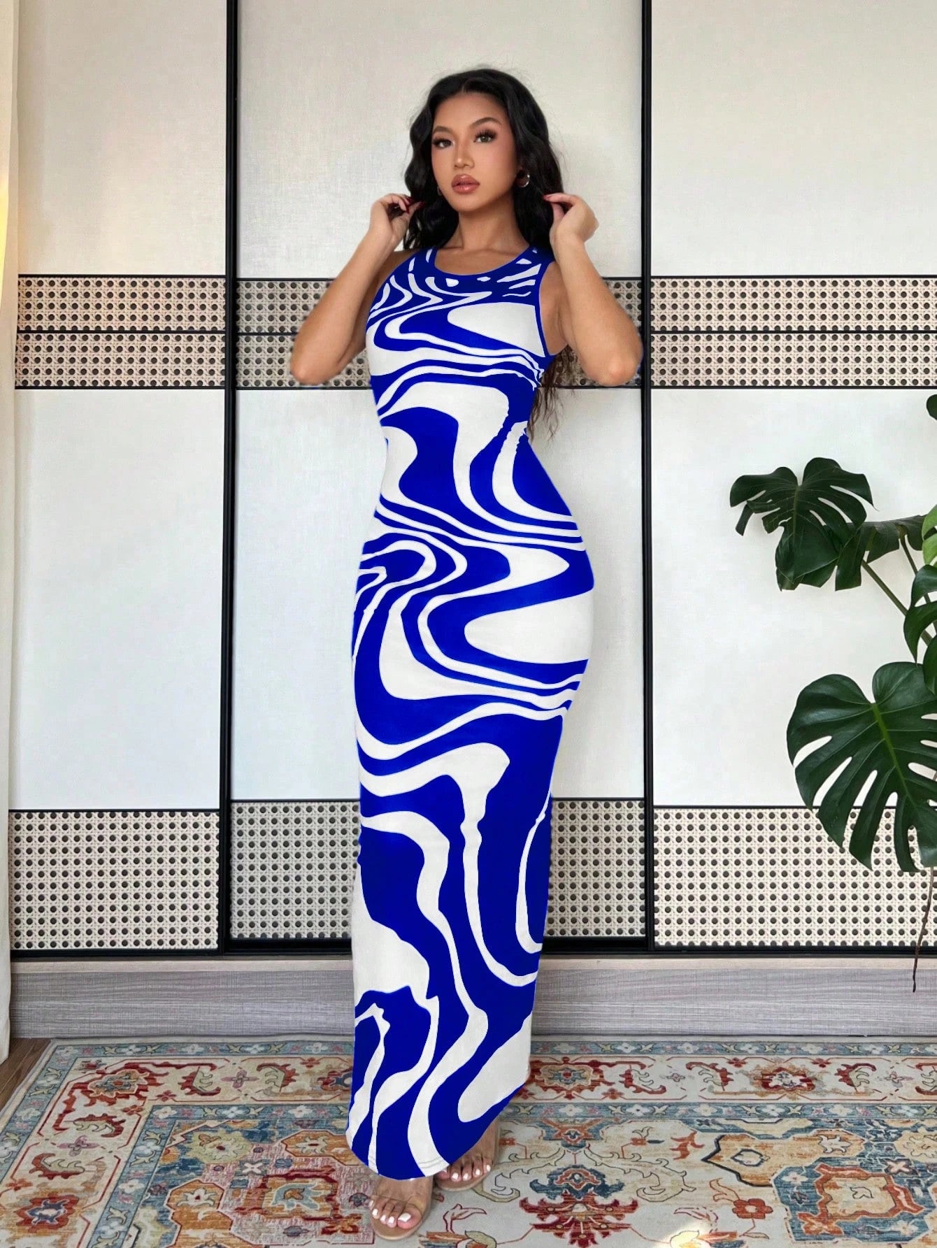 Islaluna Women'S Tie-Dye Print Fitted Dress, Summer Long Dress, Green Long Dress Maxi Women Outfit