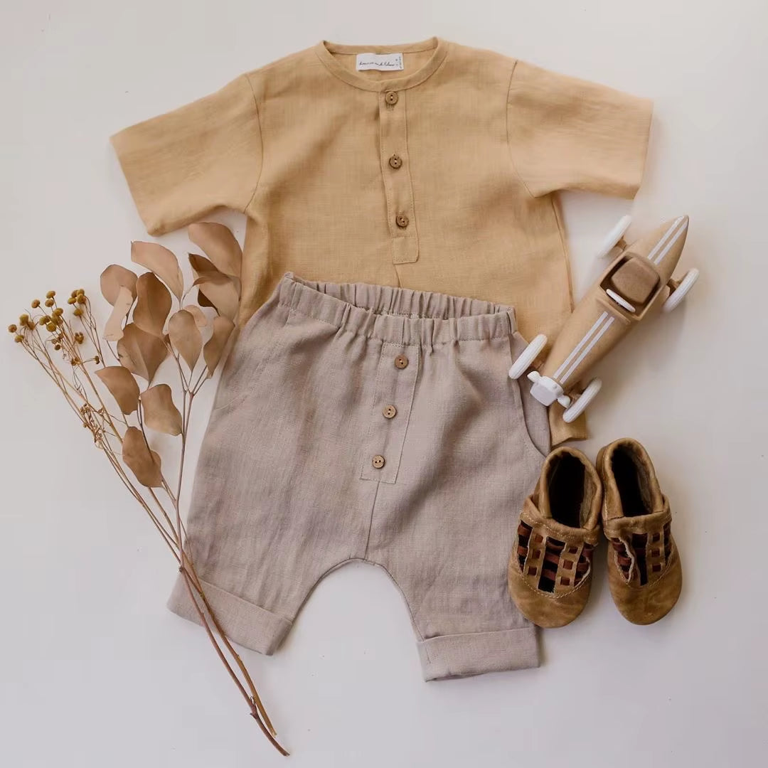 Vintage Linen Cotton Boys Shirt Toddler Kids Baby Summer Casual Clothes Sets Solid Short Sleeve T-Shirt Tops&Pants Outfit