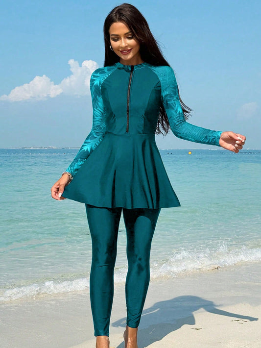 Swim Mulvari Women Summer Beach Contrast Plant Print Long Sleeve Top and Solid Pants Burkini Set Burkini Setteal Blue Dressarabic Clothing