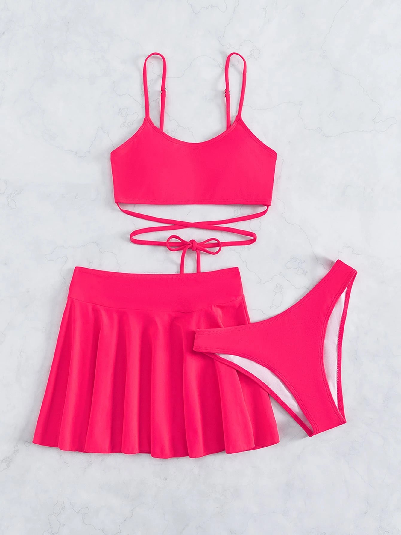 Swim Summer Beach Mono Bikini Set Crisscross Wireless Bra Top & Bikini Bottom & Skirt 3 Pieces Bikini