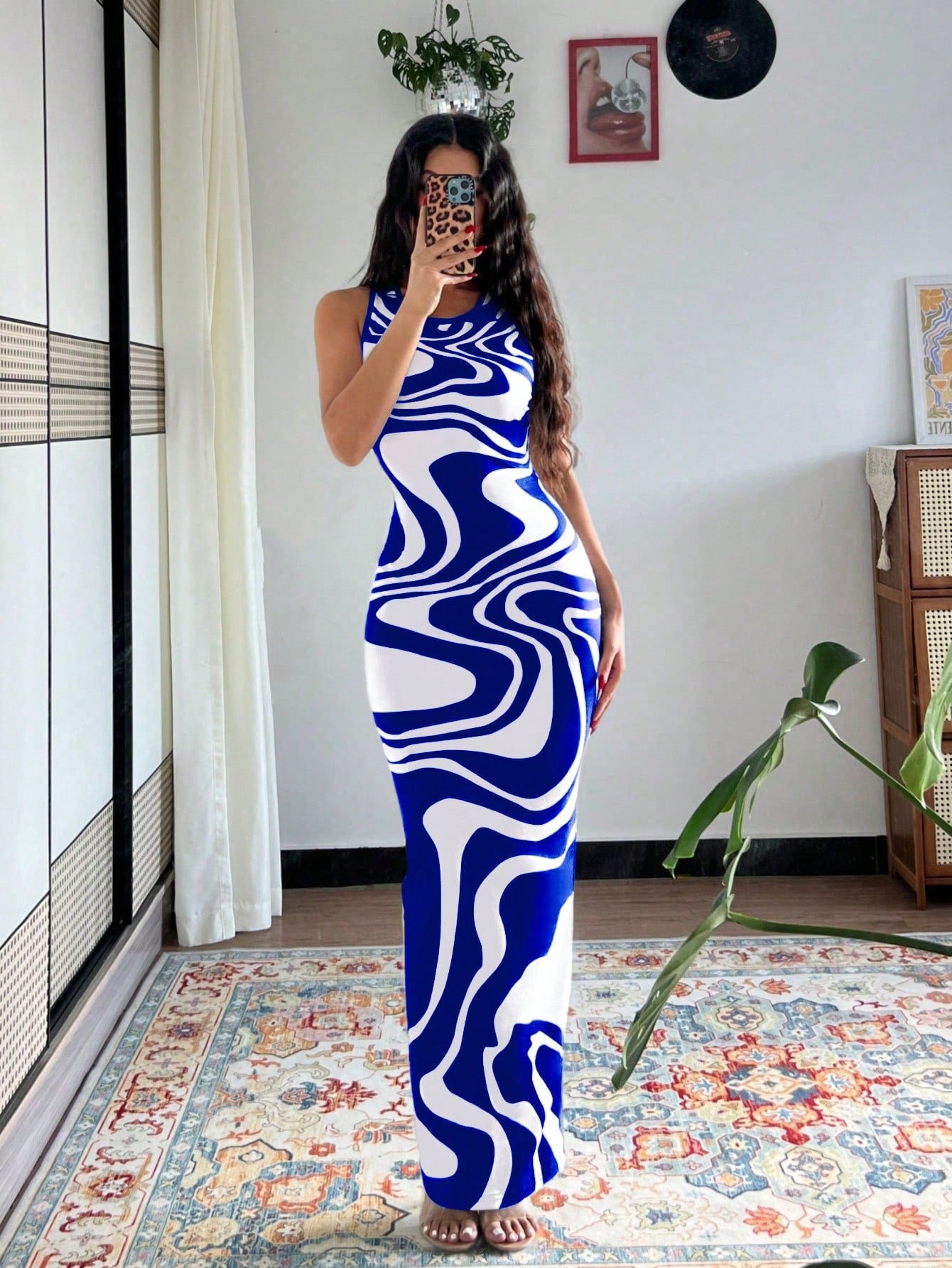 Islaluna Women'S Tie-Dye Print Fitted Dress, Summer Long Dress, Green Long Dress Maxi Women Outfit