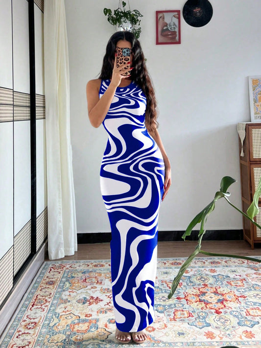 Islaluna Women'S Tie-Dye Print Fitted Dress, Summer Long Dress, Green Long Dress Maxi Women Outfit