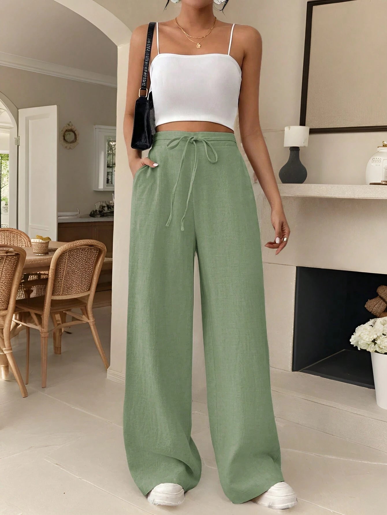 Frenchy Women'S Drawstring Pocket Straight Wide-Leg Comfortable Casual Elegant Pants Linen Striped Trousers Teacher Pants Teacher Clothes Fall Outfits Back to School Commute Minimalist Office Old Money Simple