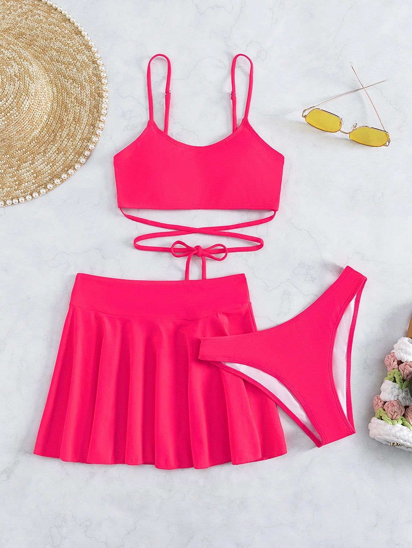 Swim Summer Beach Mono Bikini Set Crisscross Wireless Bra Top & Bikini Bottom & Skirt 3 Pieces Bikini