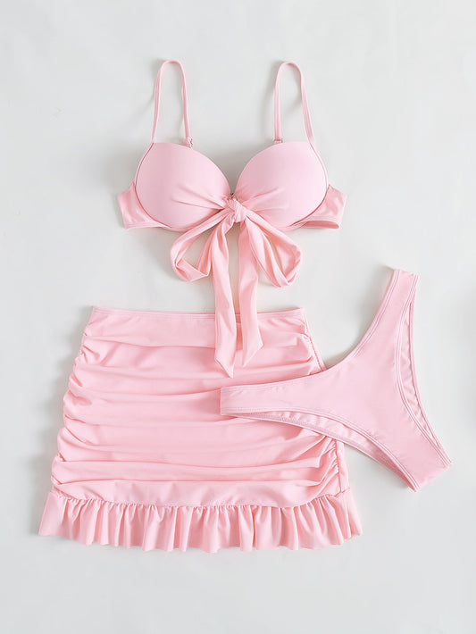 Swim Mod Summer Beach Solid Bikini Set Knot Front Push up Bra & High Cut Bottom & Ruched Beach Skirt 3 Piece Bathing Suit