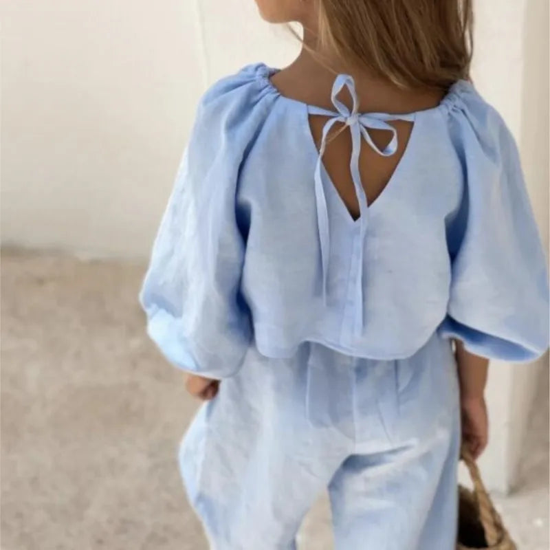 Fashion Baby Girl Linen Cotton Clothes Set Shirt+Pant 2Pcs Infant Toddler Child Clothing Set Solid Spring Baby Clothes 1-7Y