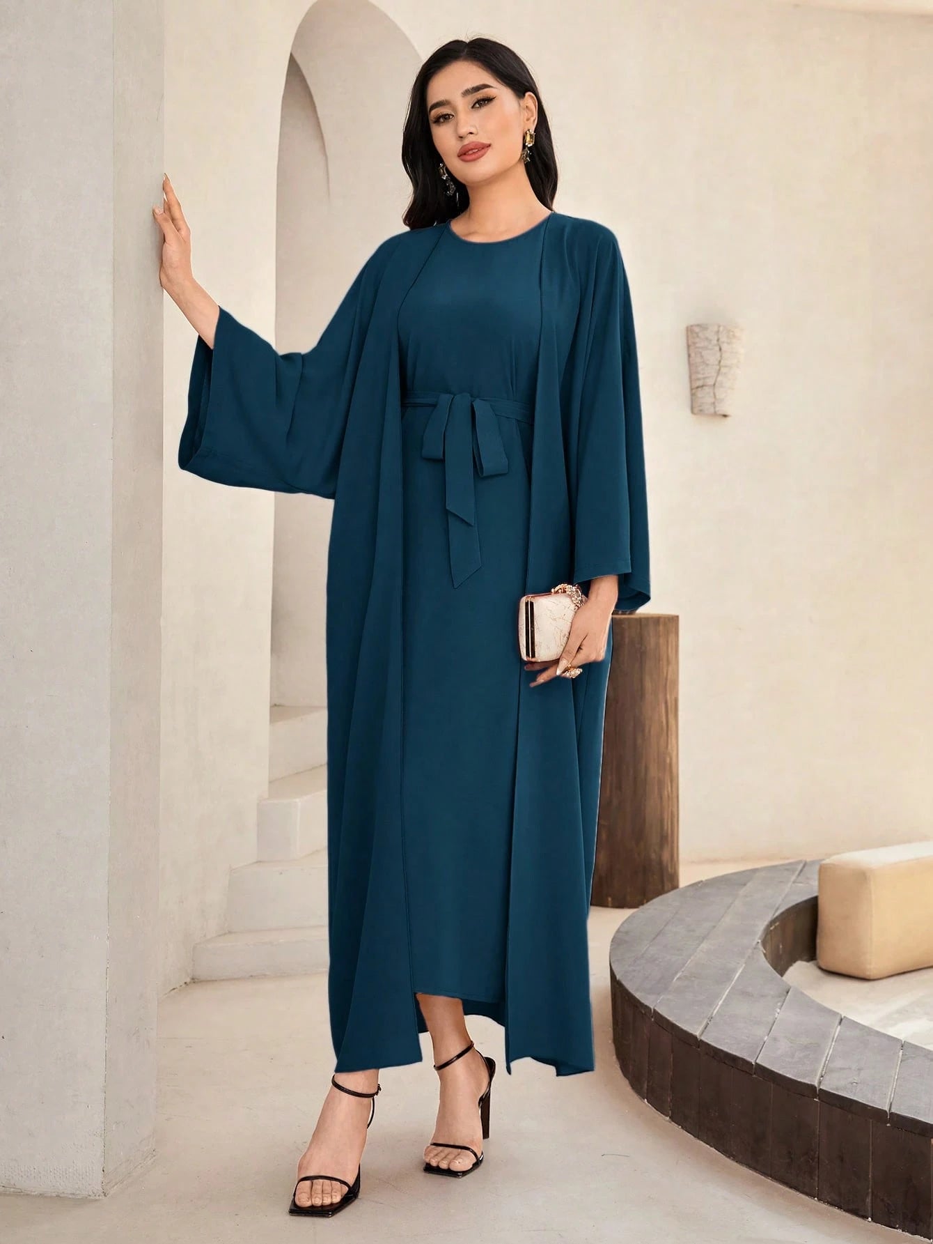 Al Najma Solid Color Bell Sleeve Abaya Dress with Waist Belt