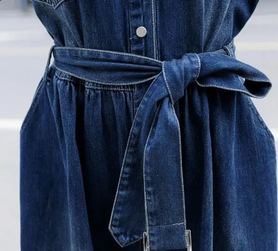 French Style Autumn Long Sleeve Shirt Style Denim Dress Women Casual Slim Waist A-Line Dress