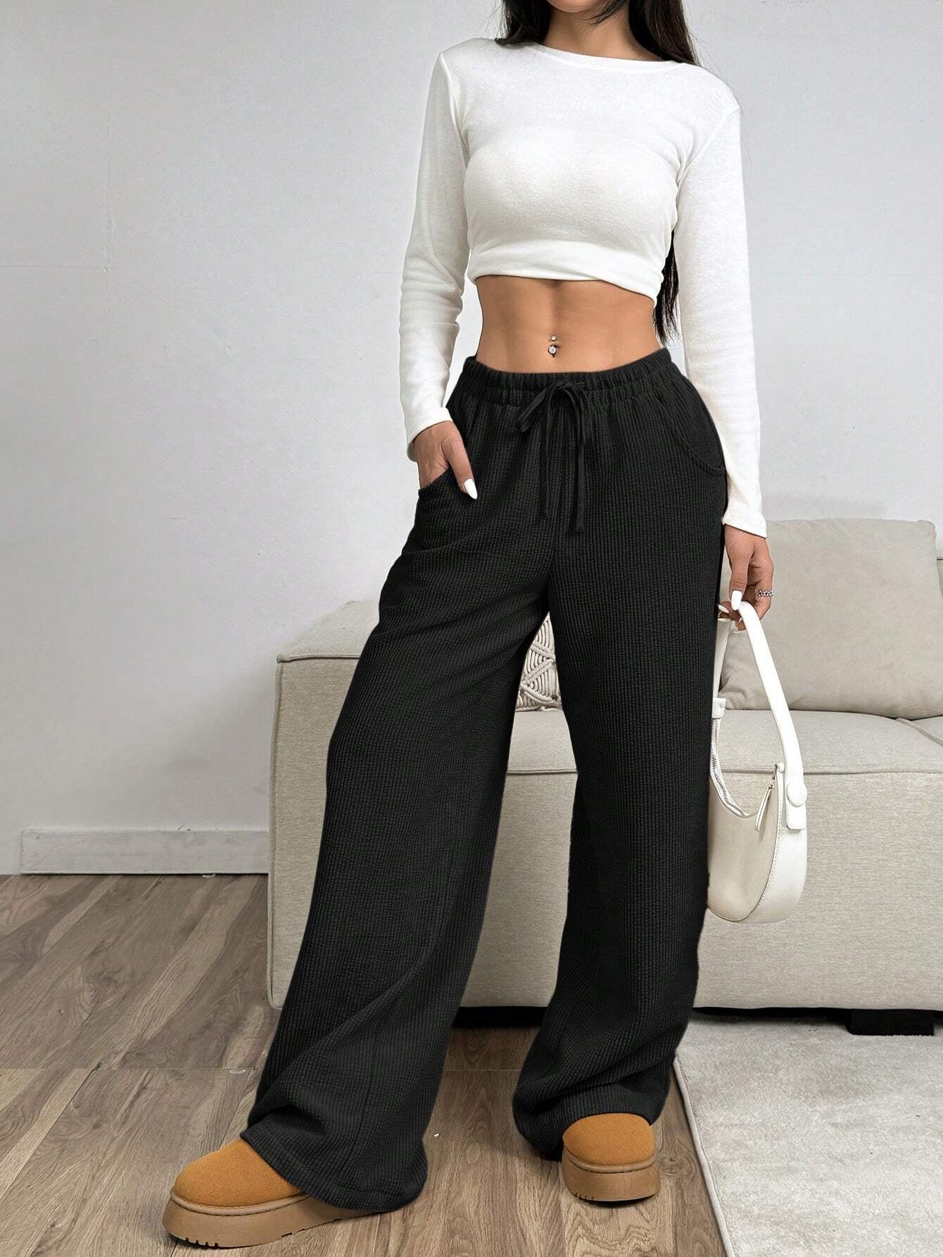 Ezwear Women'S Solid Color Front Tie Pocket Minimalist Wide Leg Pants, Casual Everyday Wear