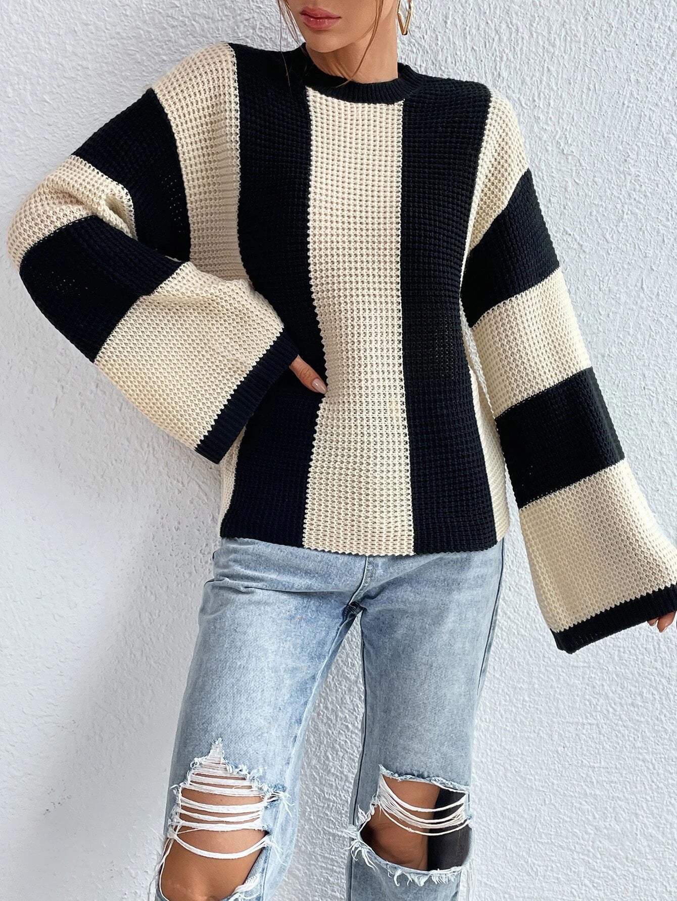 Calvaya Two Tone Drop Shoulder Sweater,Long Sleeve Tops