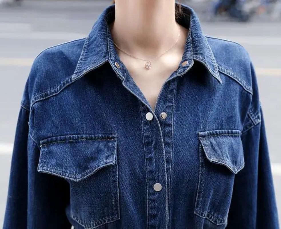 French Style Autumn Long Sleeve Shirt Style Denim Dress Women Casual Slim Waist A-Line Dress