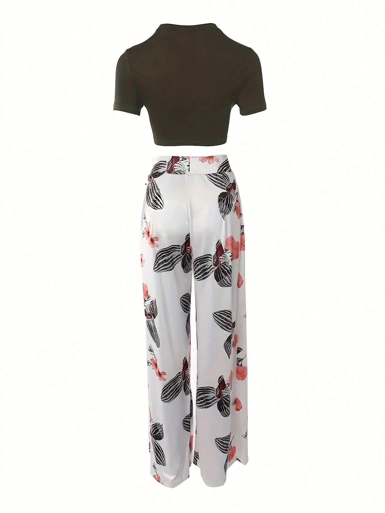 Vavabold Women Flower Print Crop Top and Plant Print Long Pants Set for Spring/Summer
