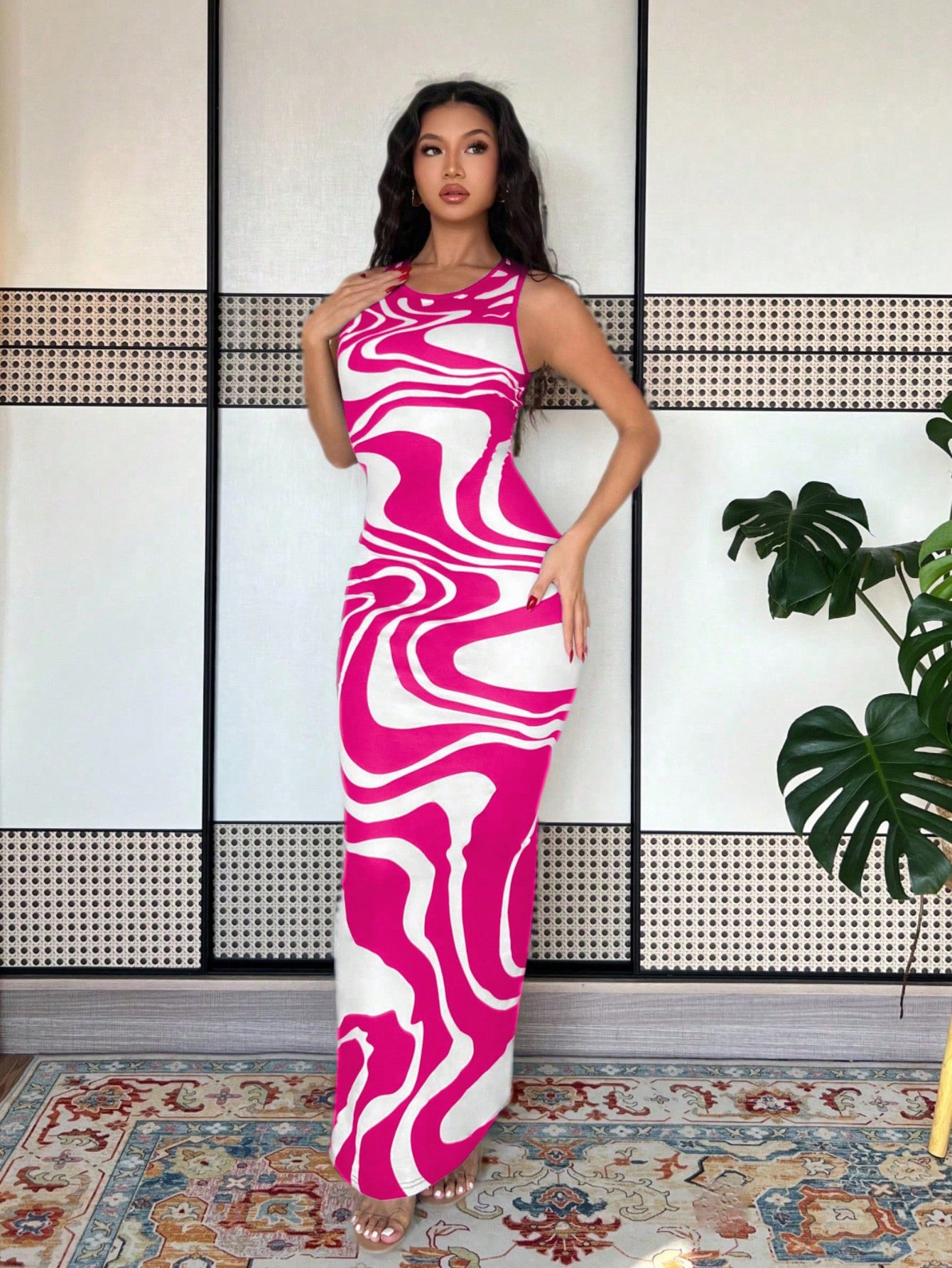 Islaluna Women'S Tie-Dye Print Fitted Dress, Summer Long Dress, Green Long Dress Maxi Women Outfit