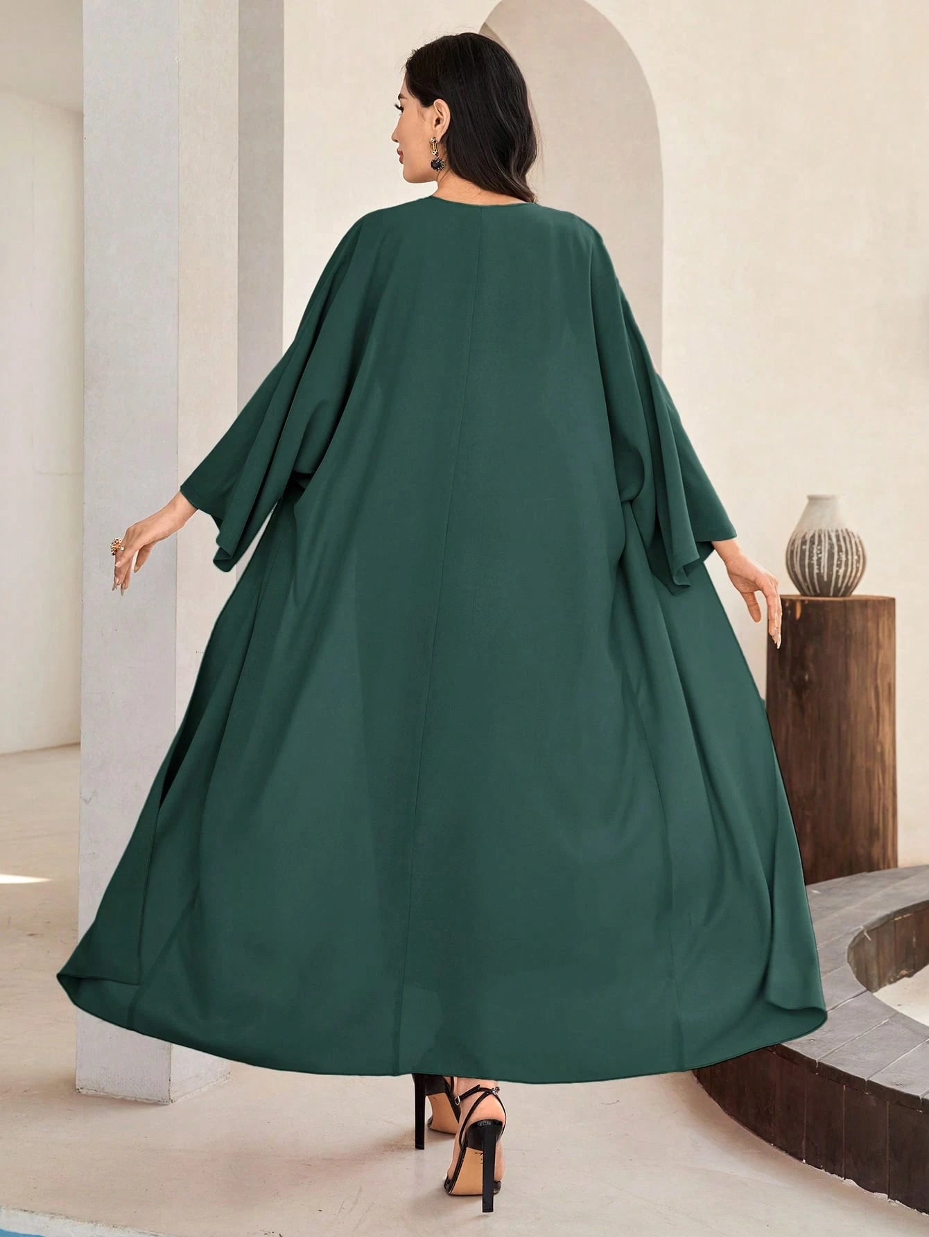 Al Najma Solid Color Bell Sleeve Abaya Dress with Waist Belt
