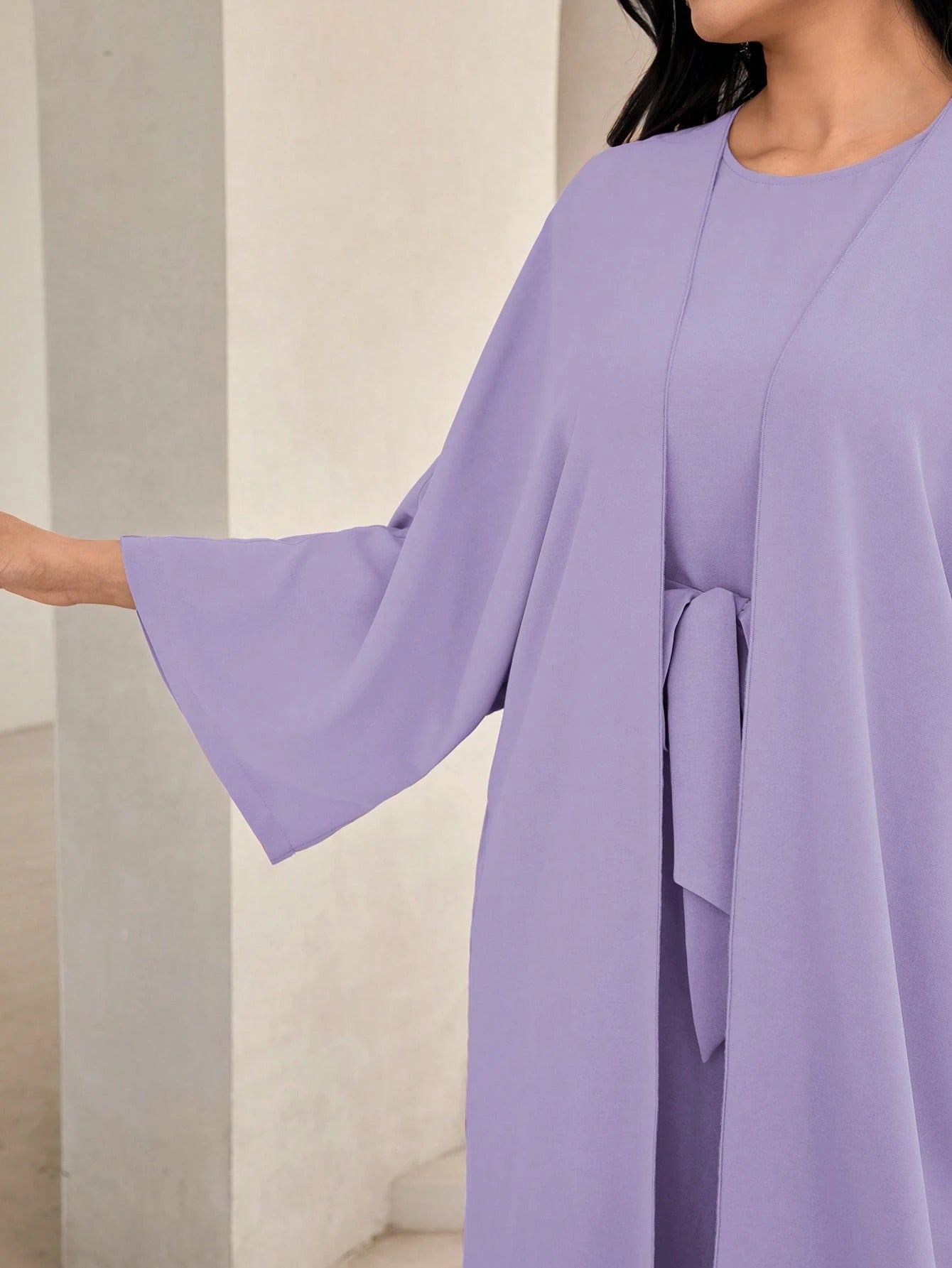 Al Najma Solid Color Bell Sleeve Abaya Dress with Waist Belt