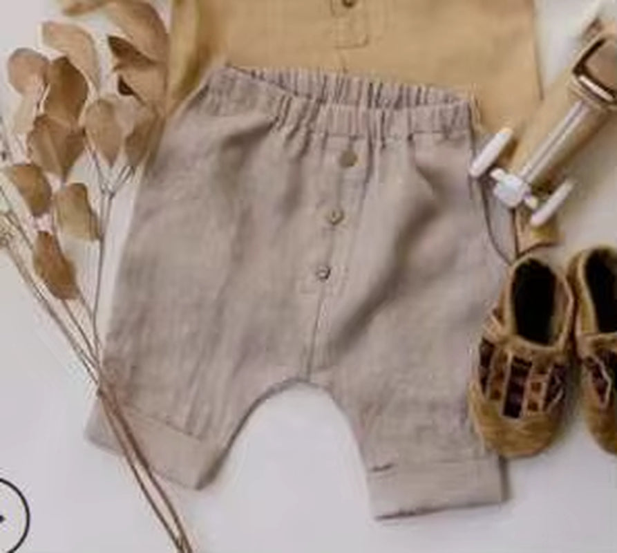 Vintage Linen Cotton Boys Shirt Toddler Kids Baby Summer Casual Clothes Sets Solid Short Sleeve T-Shirt Tops&Pants Outfit