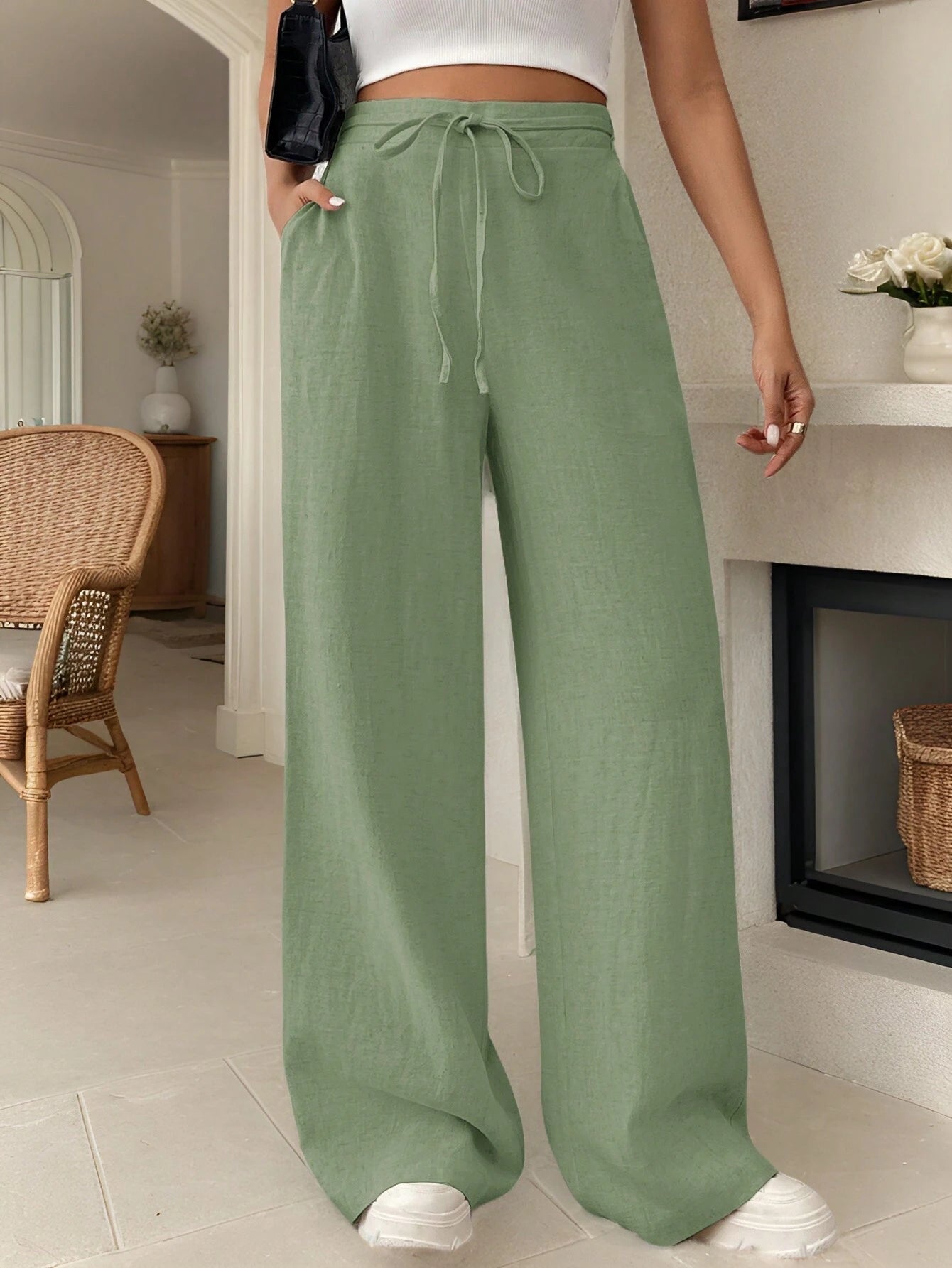 Frenchy Women'S Drawstring Pocket Straight Wide-Leg Comfortable Casual Elegant Pants Linen Striped Trousers Teacher Pants Teacher Clothes Fall Outfits Back to School Commute Minimalist Office Old Money Simple