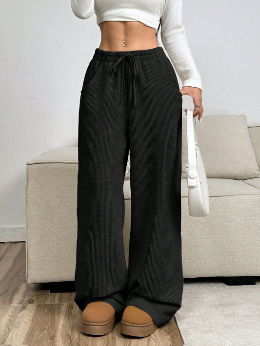 Ezwear Women'S Solid Color Front Tie Pocket Minimalist Wide Leg Pants, Casual Everyday Wear