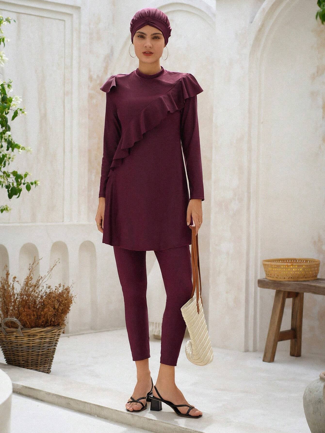 Swim Mulvari Summer Beach Ruffle Trim Full Cover Burkini Swimsuit Arabic Clothing