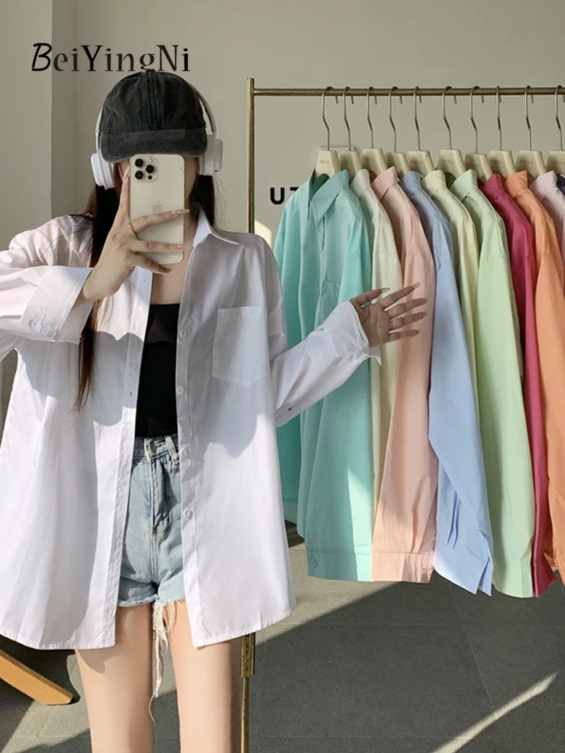 2025 Spring Autumn Women Shirts White Plain Loose Oversized Blouses Female Tops Loose BF Korean Style Blusas Pockets
