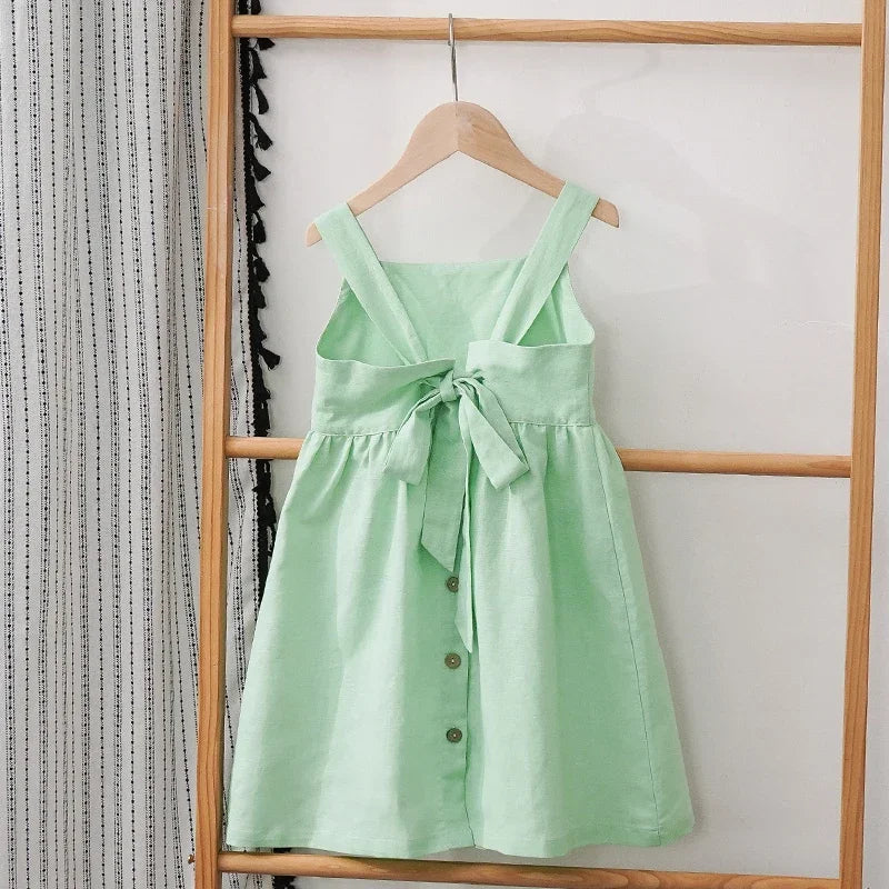 Girls' Cotton and Linen Sleeveless Suspender Dress with Adjustable Shoulder Straps Summer New Casual Pocket Kids Dresses TZ77