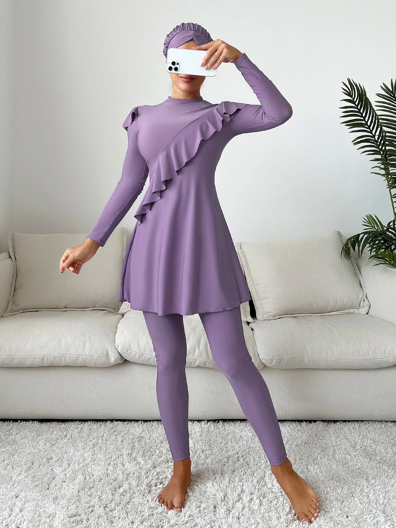 Swim Mulvari Summer Beach Mono Tankini Set Ruffle Long Sleeve Full Body Swim Dress & Leggings & Hat 3 Piece Swimsuit