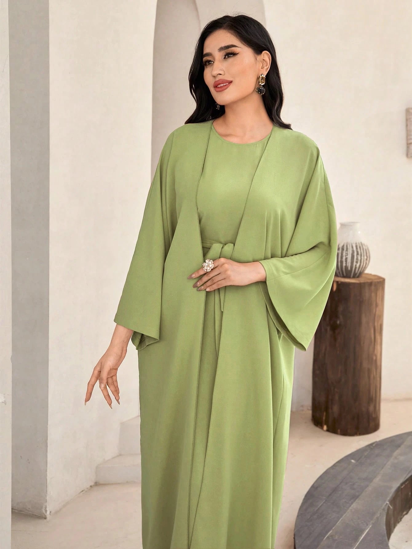 Al Najma Solid Color Bell Sleeve Abaya Dress with Waist Belt
