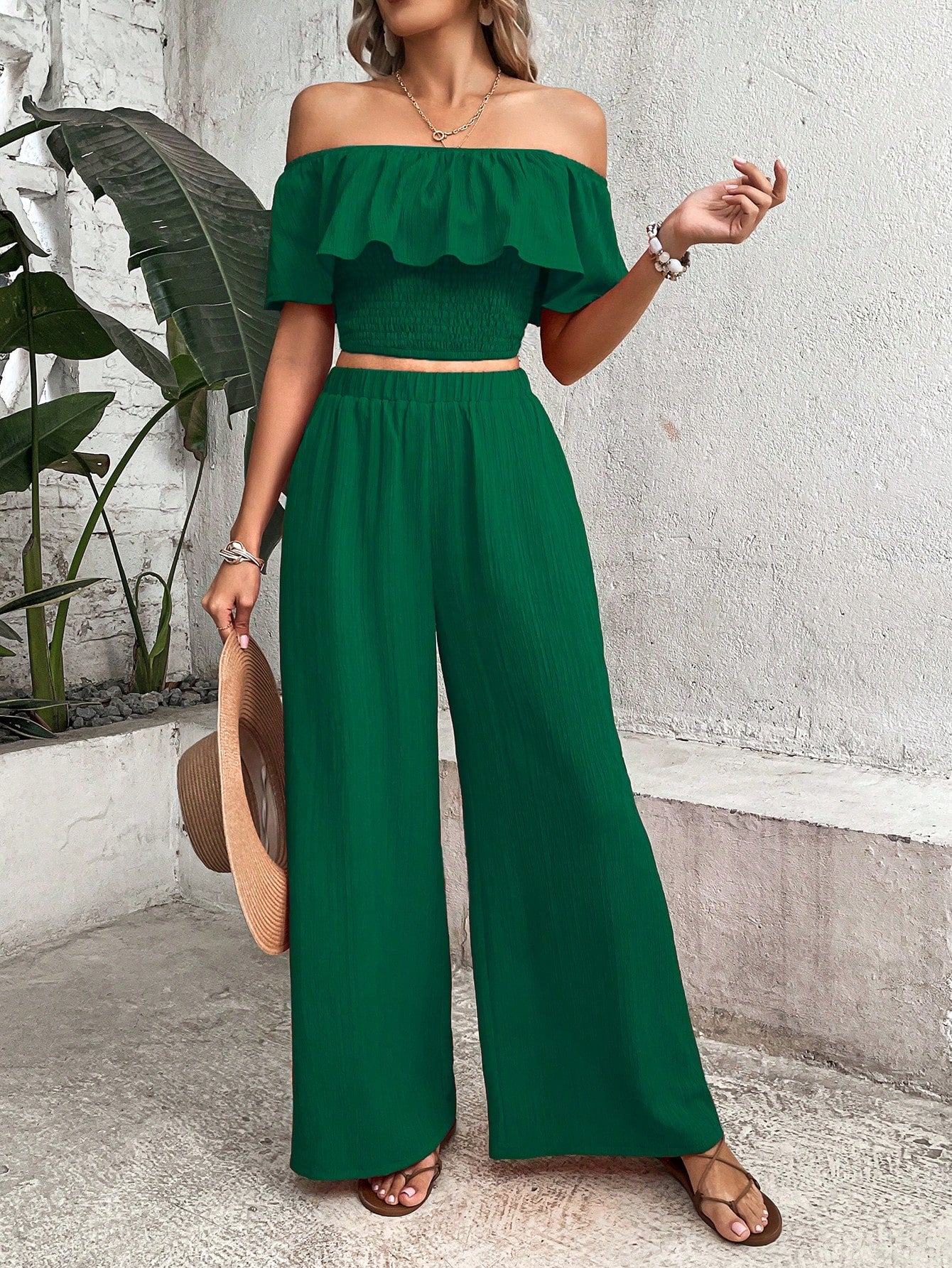 Breezaya off Shoulder Ruffle Trim Crop Top & Wide Leg Pants