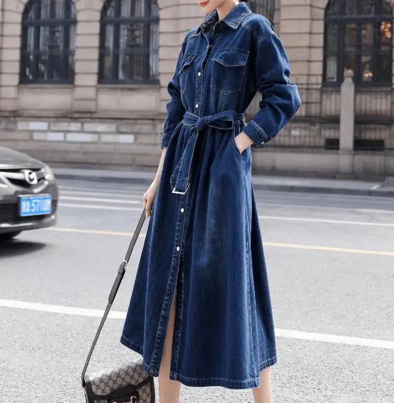 French Style Autumn Long Sleeve Shirt Style Denim Dress Women Casual Slim Waist A-Line Dress