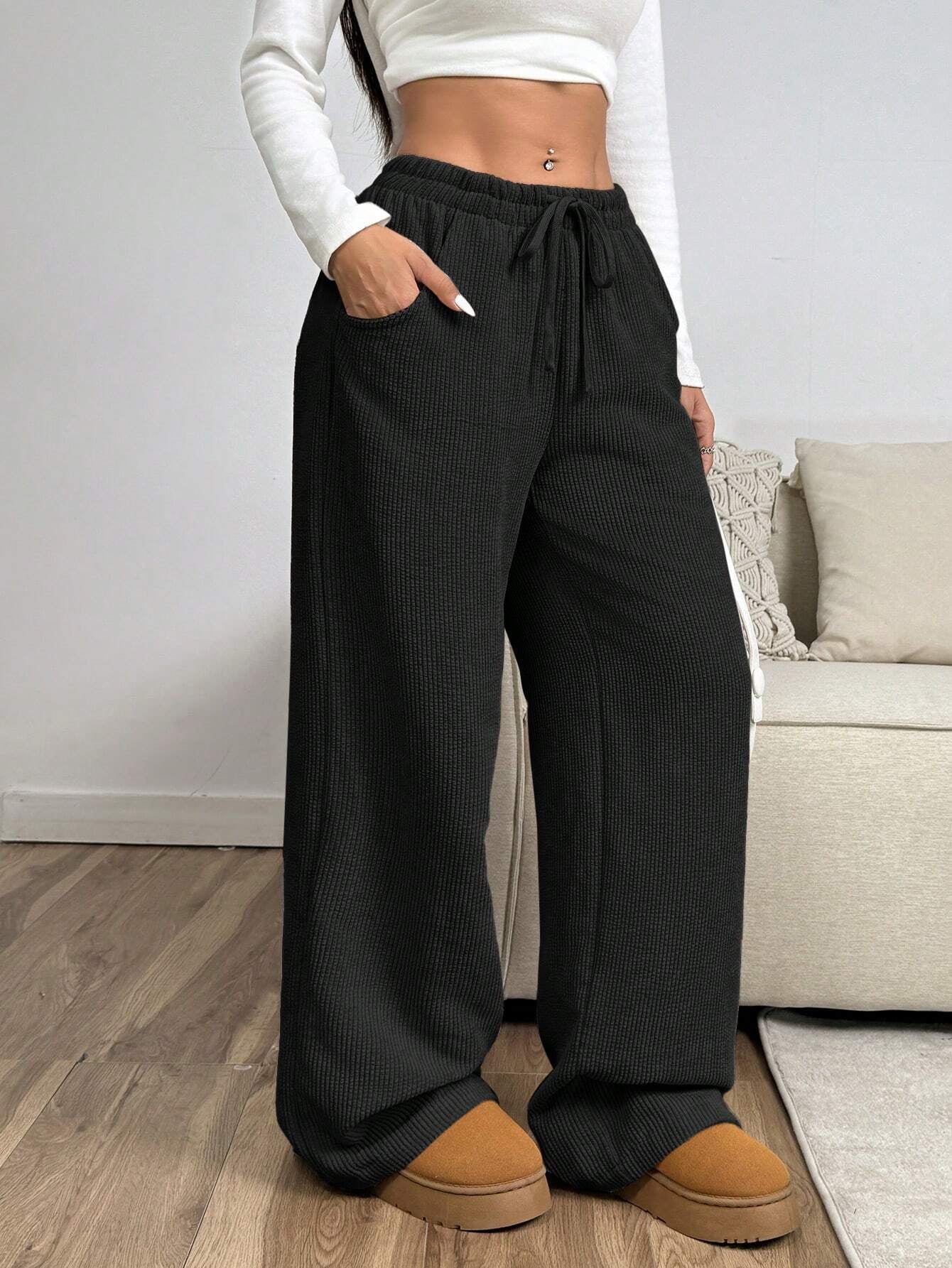 Ezwear Women'S Solid Color Front Tie Pocket Minimalist Wide Leg Pants, Casual Everyday Wear