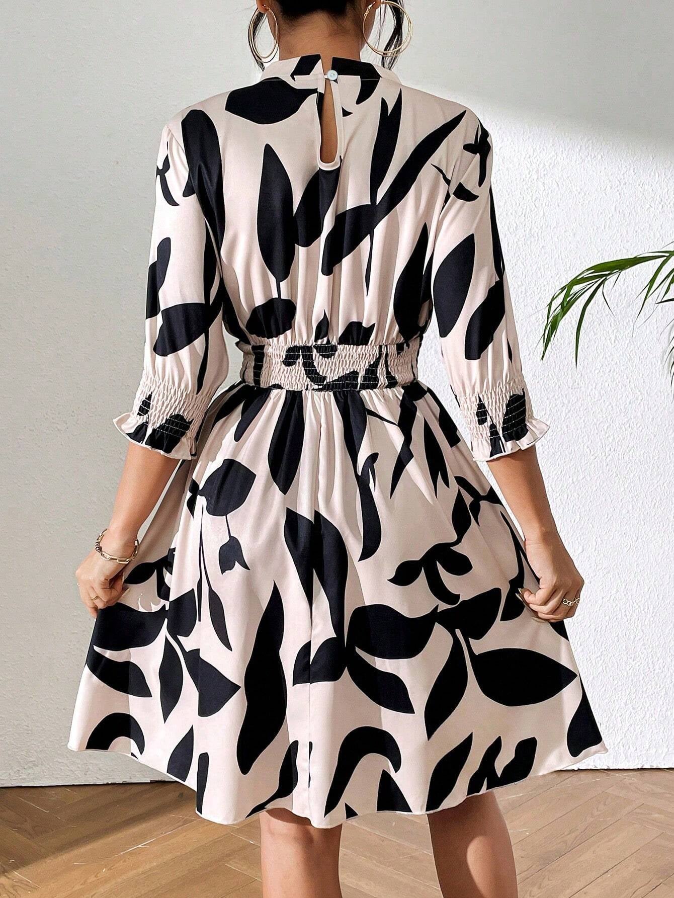 Clasi Pleated Cuffs and Waist Stand Collar Dress