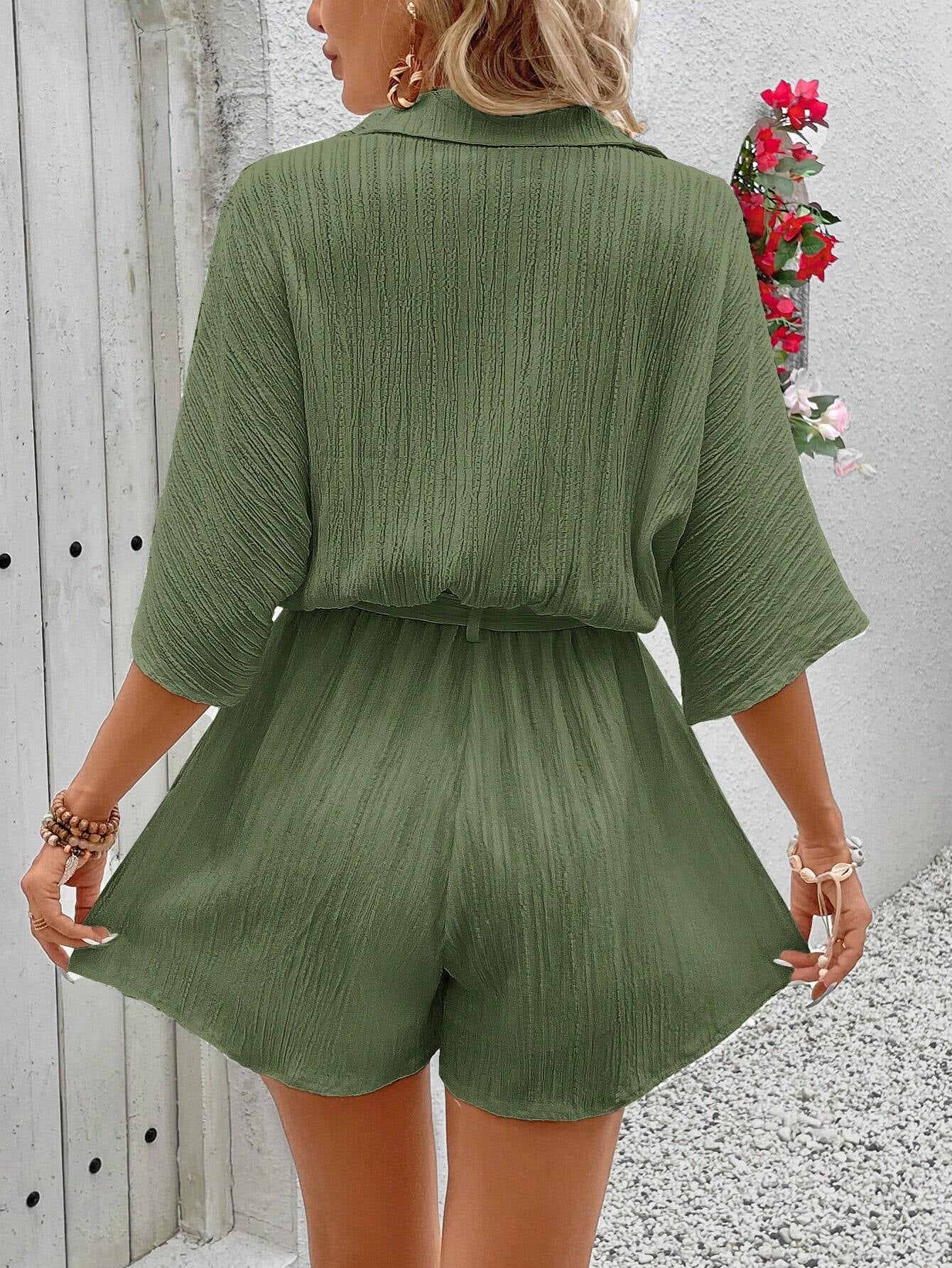 VCAY Ladies' Solid Color Front Knot Casual Short Sleeve Jumpsuit with Button