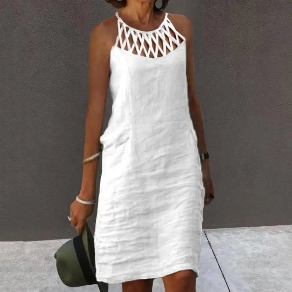 Vintage Dress Cotton Linen Women Clothing Summer Hallow Out Casual Chic Tunic Fashion Oversize Midi White Dresses Vestidos