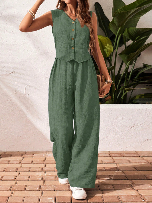 Frenchy Women Solid Color V-Neck Sleeveless Tank Top and Pants Set, Minimalist Fashion Suitable for Summer, 2Pcs/Set,Summer Sets