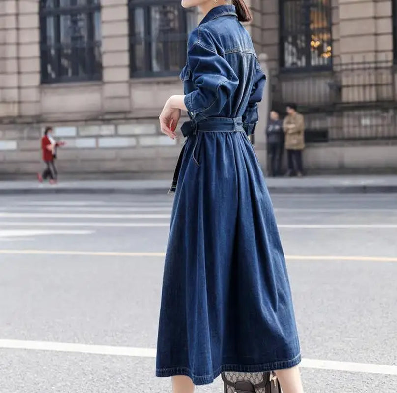 French Style Autumn Long Sleeve Shirt Style Denim Dress Women Casual Slim Waist A-Line Dress