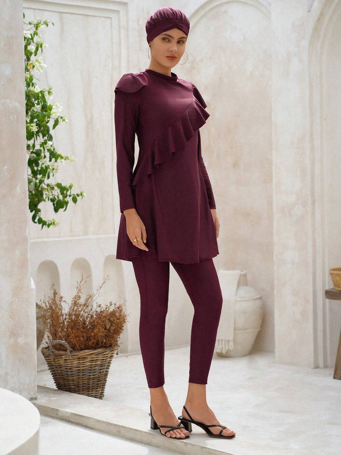 Swim Mulvari Summer Beach Ruffle Trim Full Cover Burkini Swimsuit Arabic Clothing