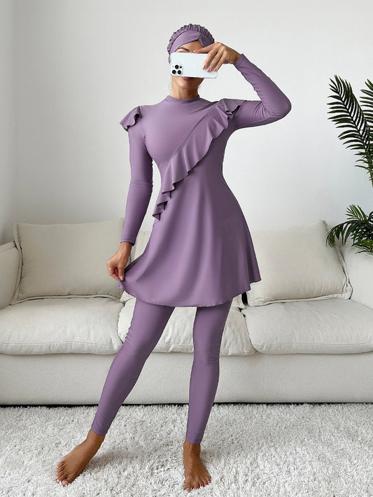 Swim Mulvari Summer Beach Mono Tankini Set Ruffle Long Sleeve Full Body Swim Dress & Leggings & Hat 3 Piece Swimsuit