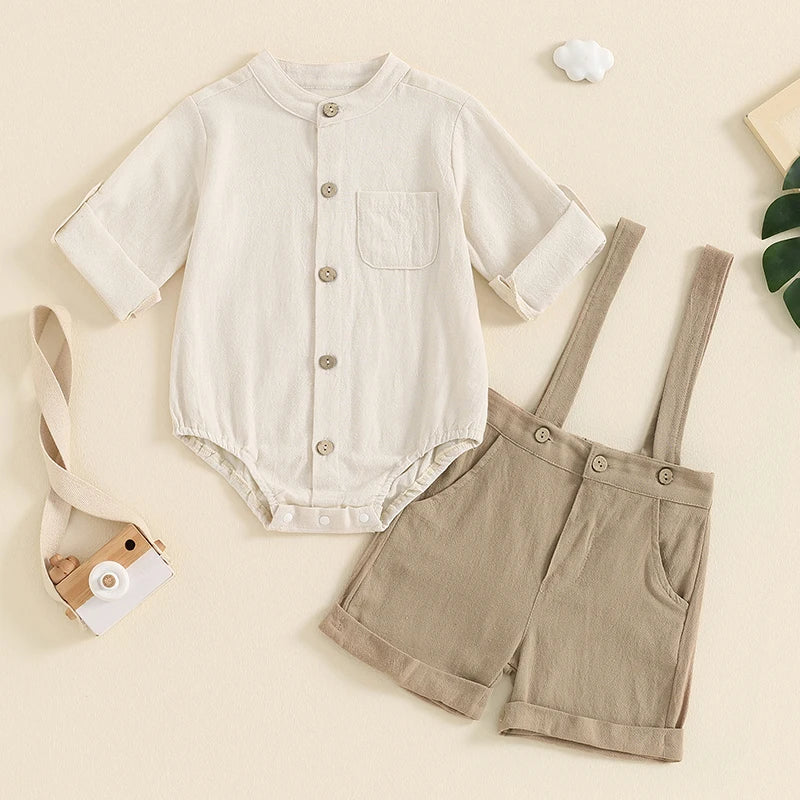 Baby Clothing Boys Solid Button Pocket Cotton Linen Bodysuits+Suspender Shorts Set Newborn Outfits 0-24M