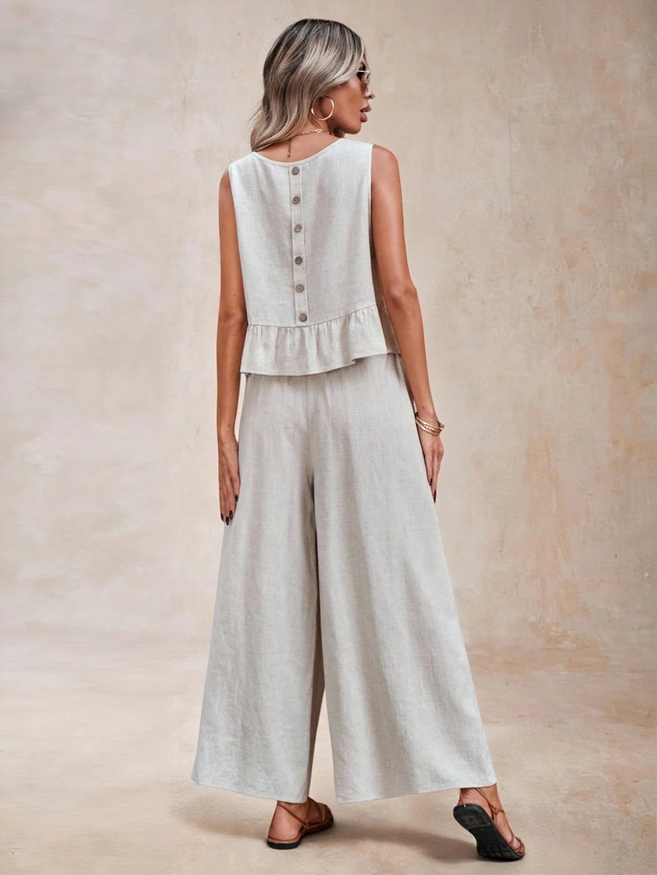 LUNE Women 2 Pieces Set Linen Casual Crop Top and Pants