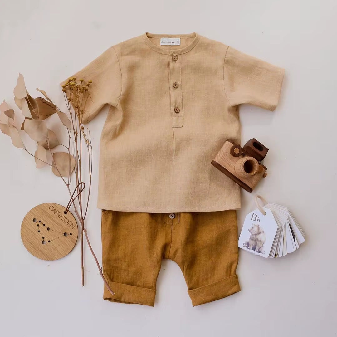 Vintage Linen Cotton Boys Shirt Toddler Kids Baby Summer Casual Clothes Sets Solid Short Sleeve T-Shirt Tops&Pants Outfit