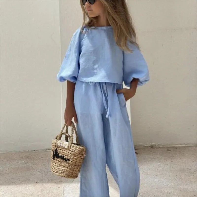 Fashion Baby Girl Linen Cotton Clothes Set Shirt+Pant 2Pcs Infant Toddler Child Clothing Set Solid Spring Baby Clothes 1-7Y