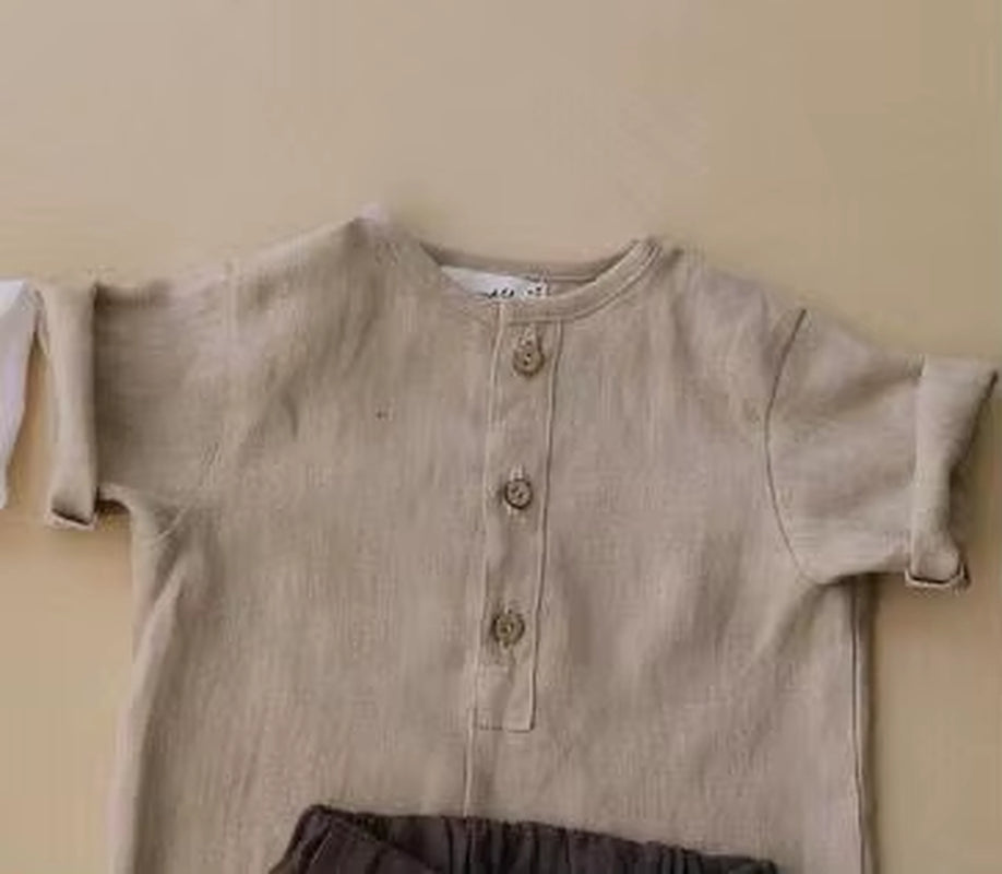 Vintage Linen Cotton Boys Shirt Toddler Kids Baby Summer Casual Clothes Sets Solid Short Sleeve T-Shirt Tops&Pants Outfit