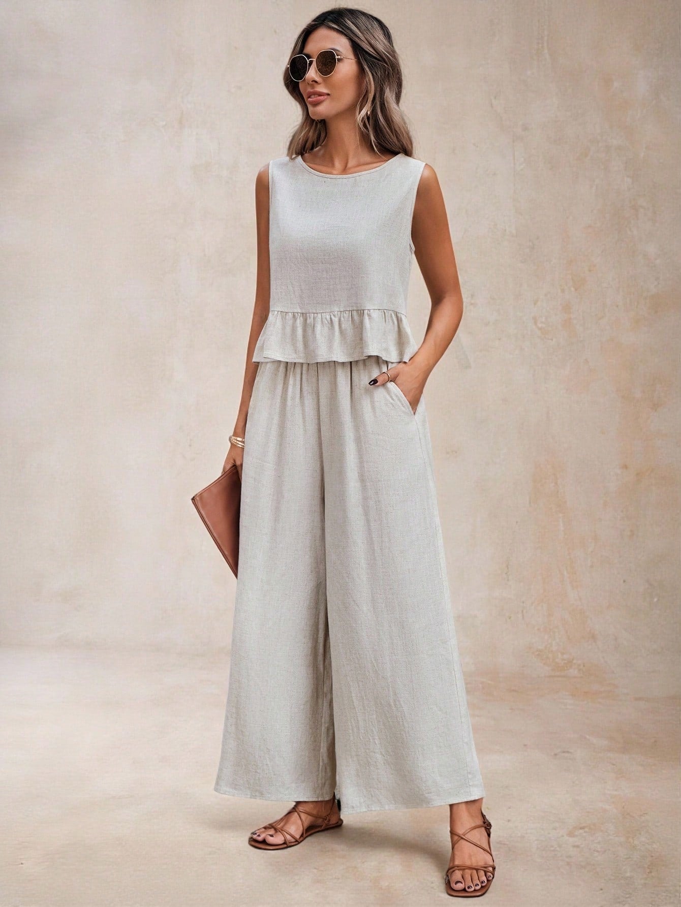 LUNE Women 2 Pieces Set Linen Casual Crop Top and Pants