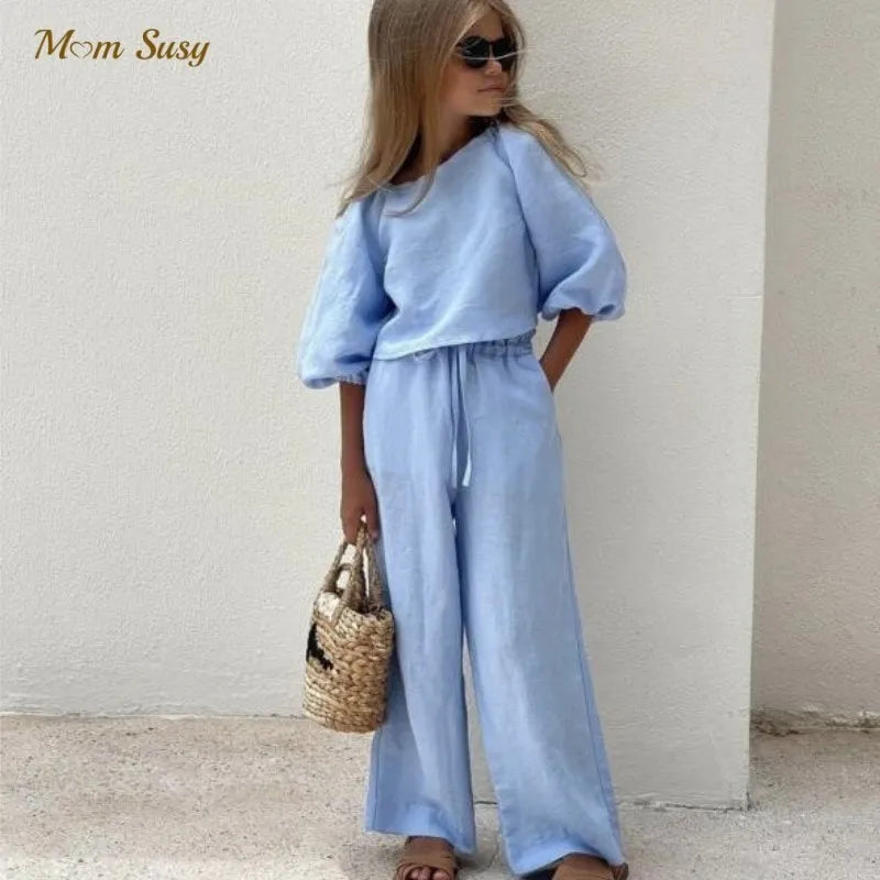 Fashion Baby Girl Linen Cotton Clothes Set Shirt+Pant 2Pcs Infant Toddler Child Clothing Set Solid Spring Baby Clothes 1-7Y