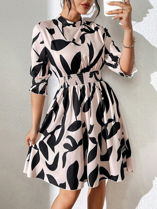 Clasi Pleated Cuffs and Waist Stand Collar Dress