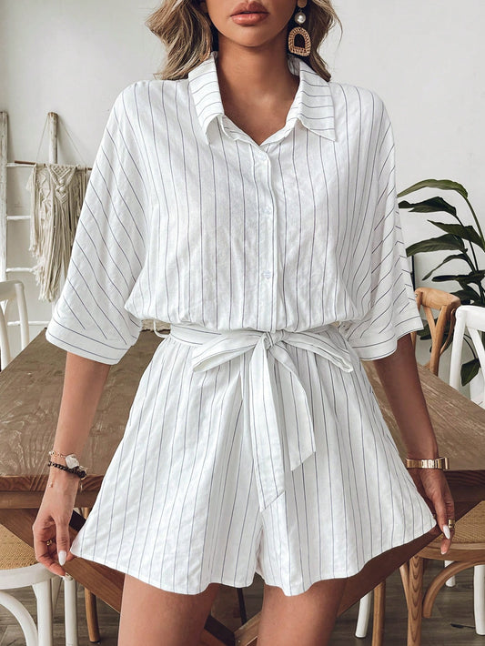 VCAY Women Casual Striped Loose Jumpsuit with Shirt Collar for Vacation,Colorblock Black & White Striped Jumpsuit Back to School for Daily Wear,Fall Outfits,Commute,Minimalist,Office,Old Money,Simple,Teacher Clothes