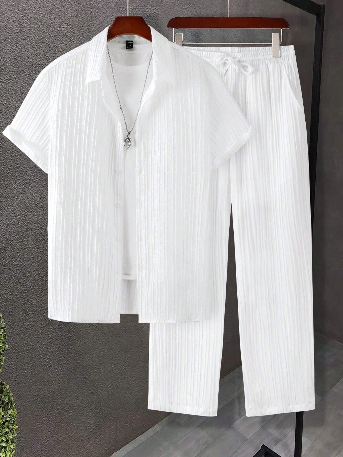 Manfinity Hypemode Men's Solid Button-Up Shirt and Drawstring Waist Pants Set